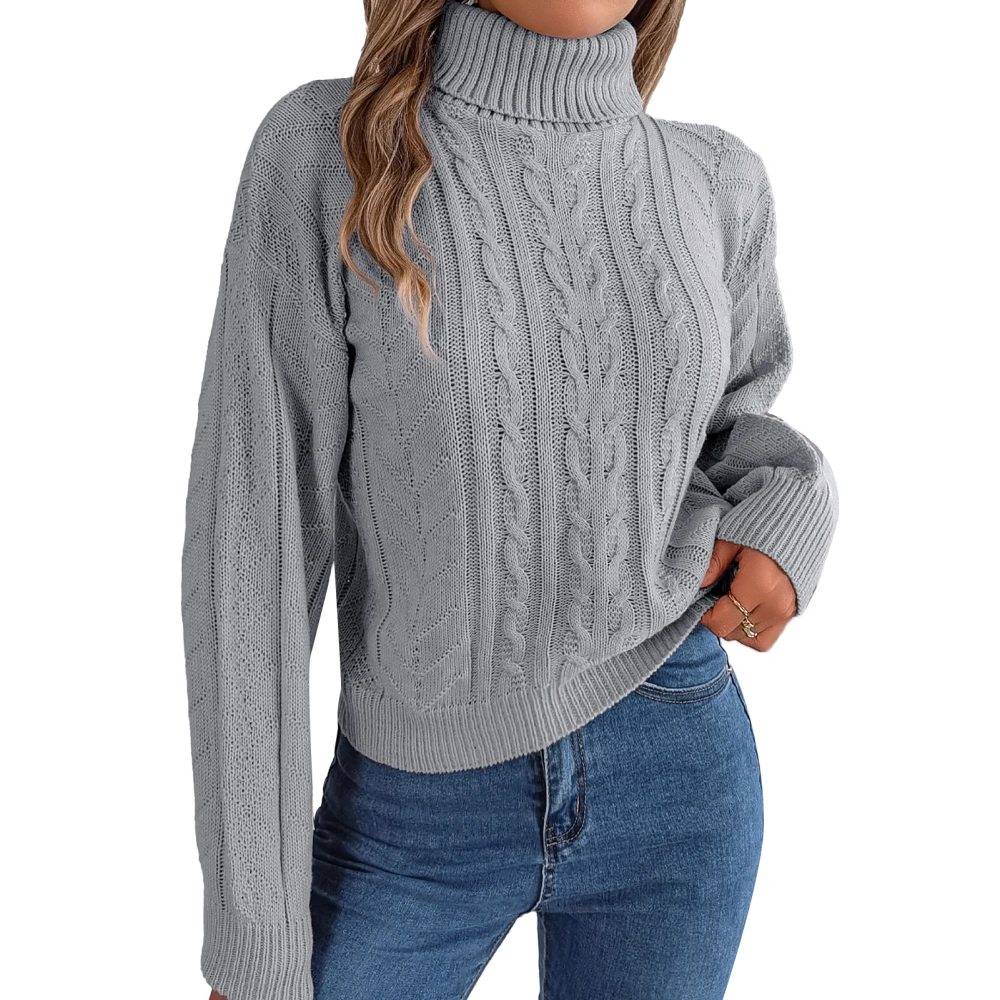 Women High Neck Sweater Solid Color Long Sleeve Sweaters Casual Knit Tops for Autum Winter Grey S