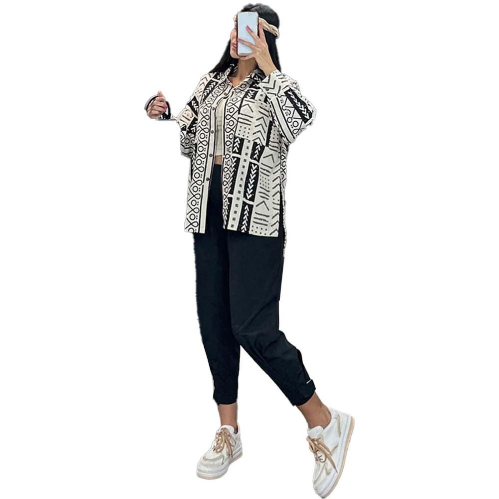 Women 2 Piece Outfits Tapered Cuff Pants Graphic Printing Top Loose Fit Loungewear Set Black M