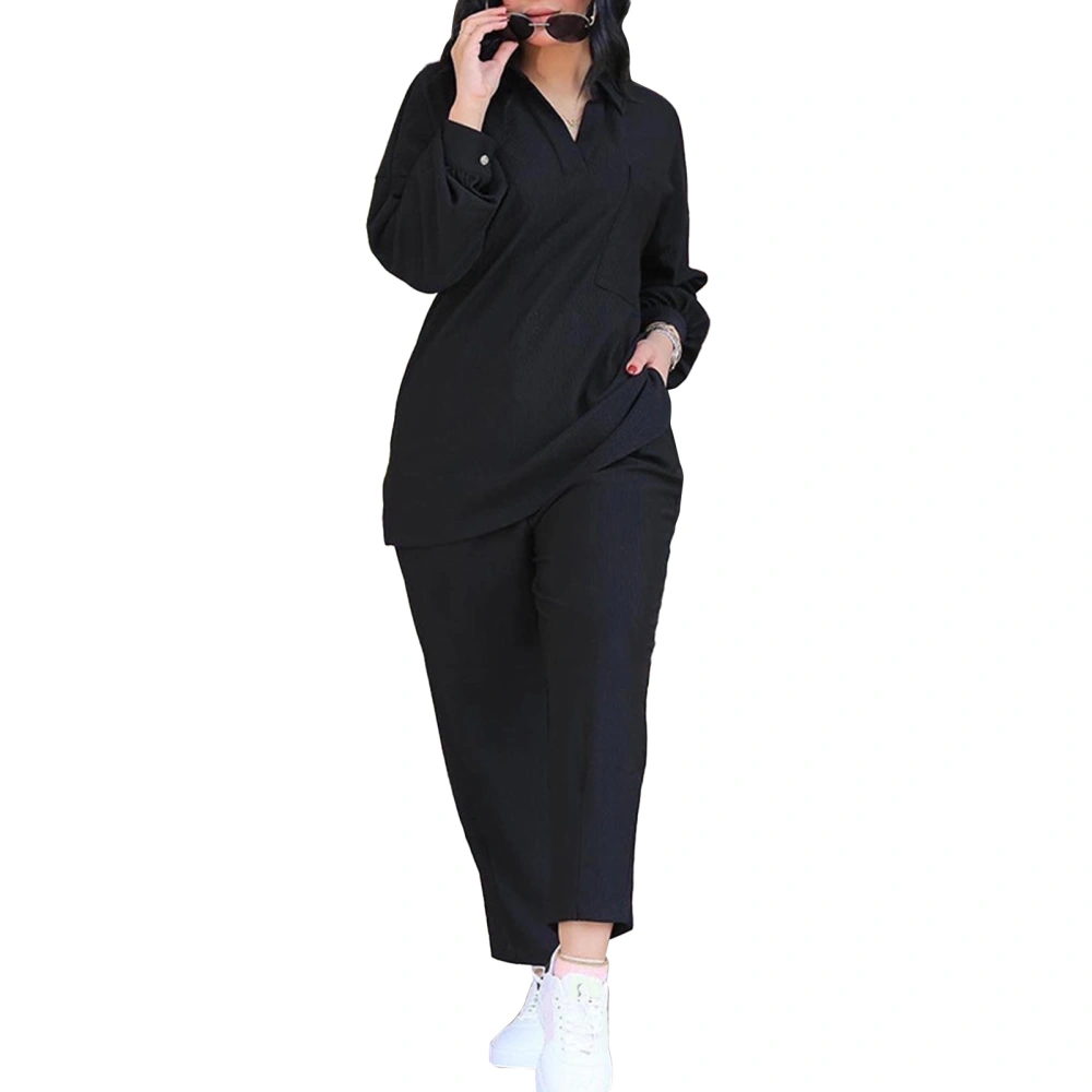 Women Two Piece Outfits V Neck Turn Down Collar Long Sleeves Top Drawstring Closure Pants Casual Set Black M