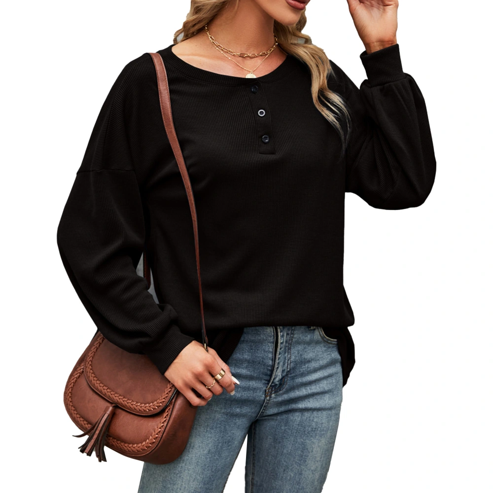 Women Long Sleeve Top Round Neck Loose T Shirt Button Decoration Casual Bottoming Shirt for Daily Wear Black L