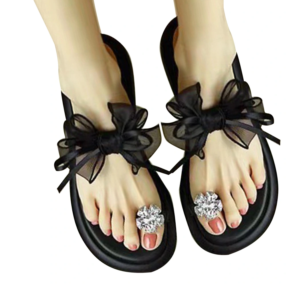 Lace Slingback Flip Flops Vintage Elegant Ring Toe Rhinestone Slipper for Women Outdoor Black 38