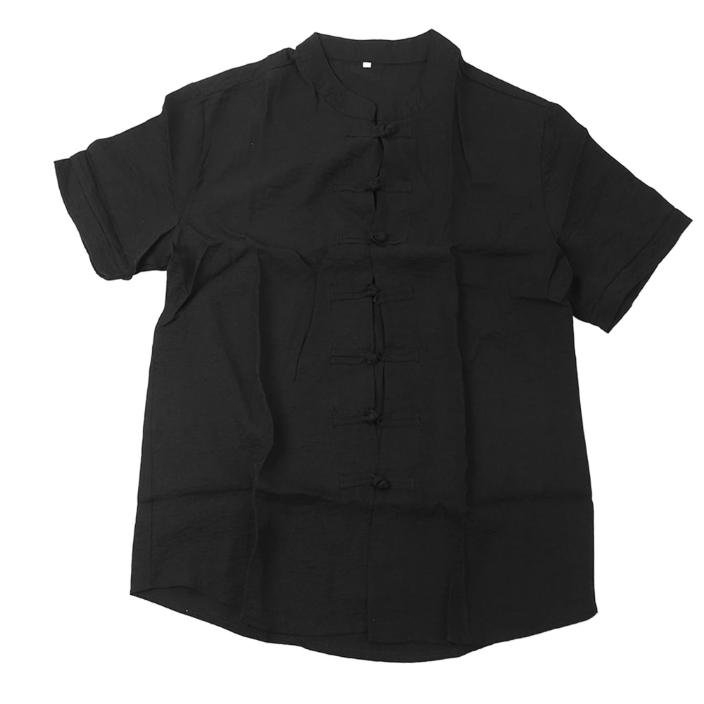 Men Chinese Traditional Button Shirt Stand Collar Short Sleeve Slim Fit Casual Top Black XL