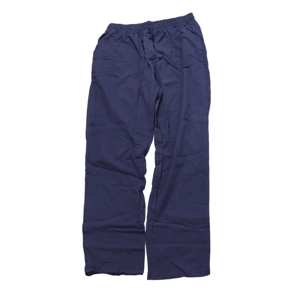 Men Beach Loose Pants Wide Legs Elastic Waist Drawstring Closure Pure Color Casual Linen Long Pants Dark Blue XXL