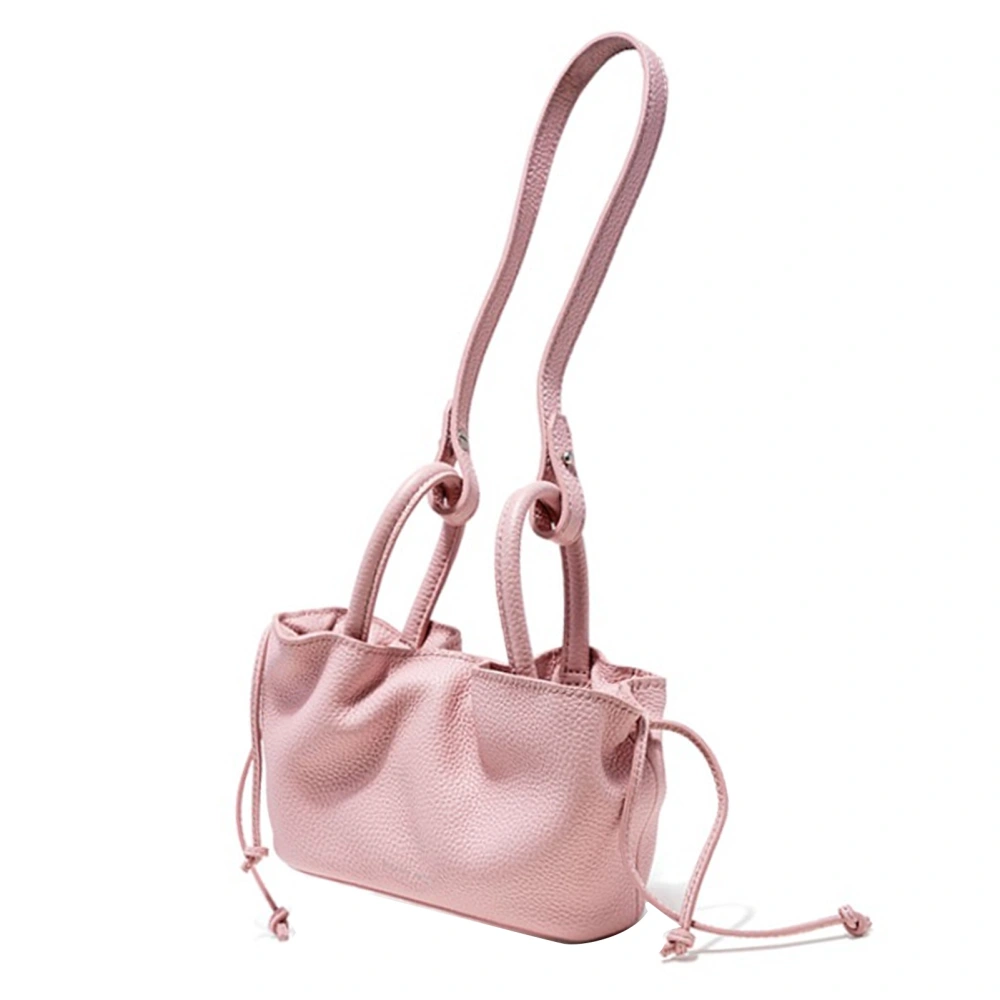 Women Shoulder Messenger Bag Pleated Trim Drawstring Closure Adjust Strap Small PU Handbag Pink Free Size