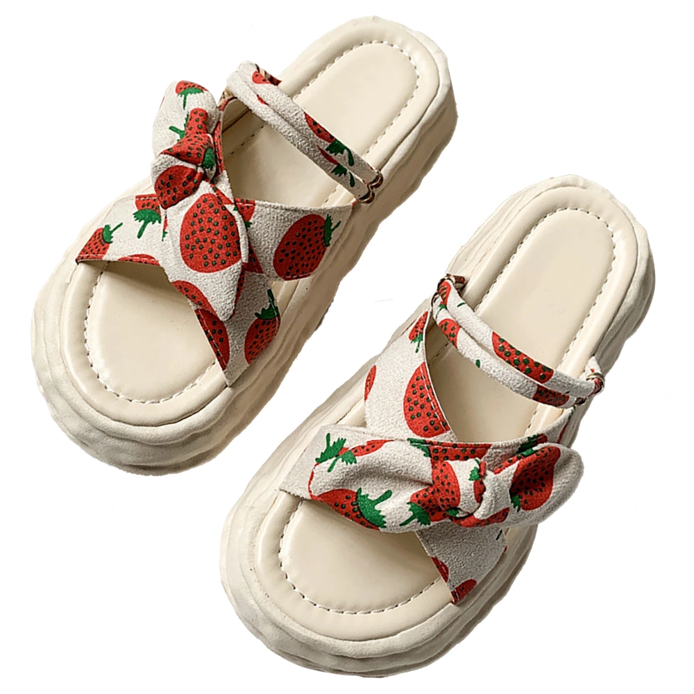 Women Flat Sandals Dual Wear Thick Sole Bowknot Decor Prevent Slip Beach Slip On Sandal Strawberry Size 37