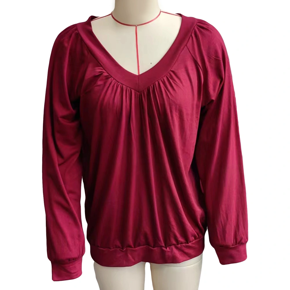 Women V Neck T Shirt Long Sleeves Pleated Trim Pure Color Casual Loose Blouses for Daily Wear Wine Red M