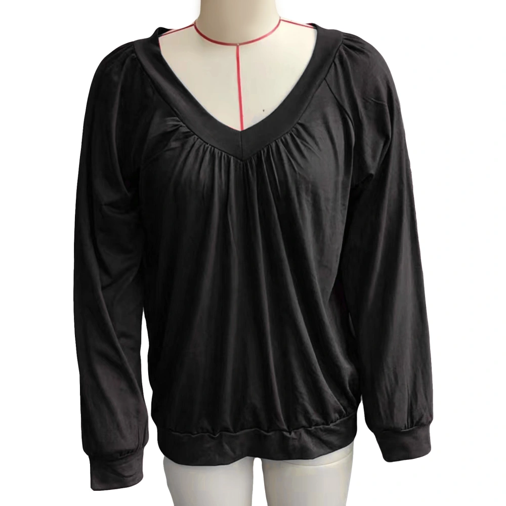 Women V Neck T Shirt Long Sleeves Pleated Trim Pure Color Casual Loose Blouses for Daily Wear Black XXL