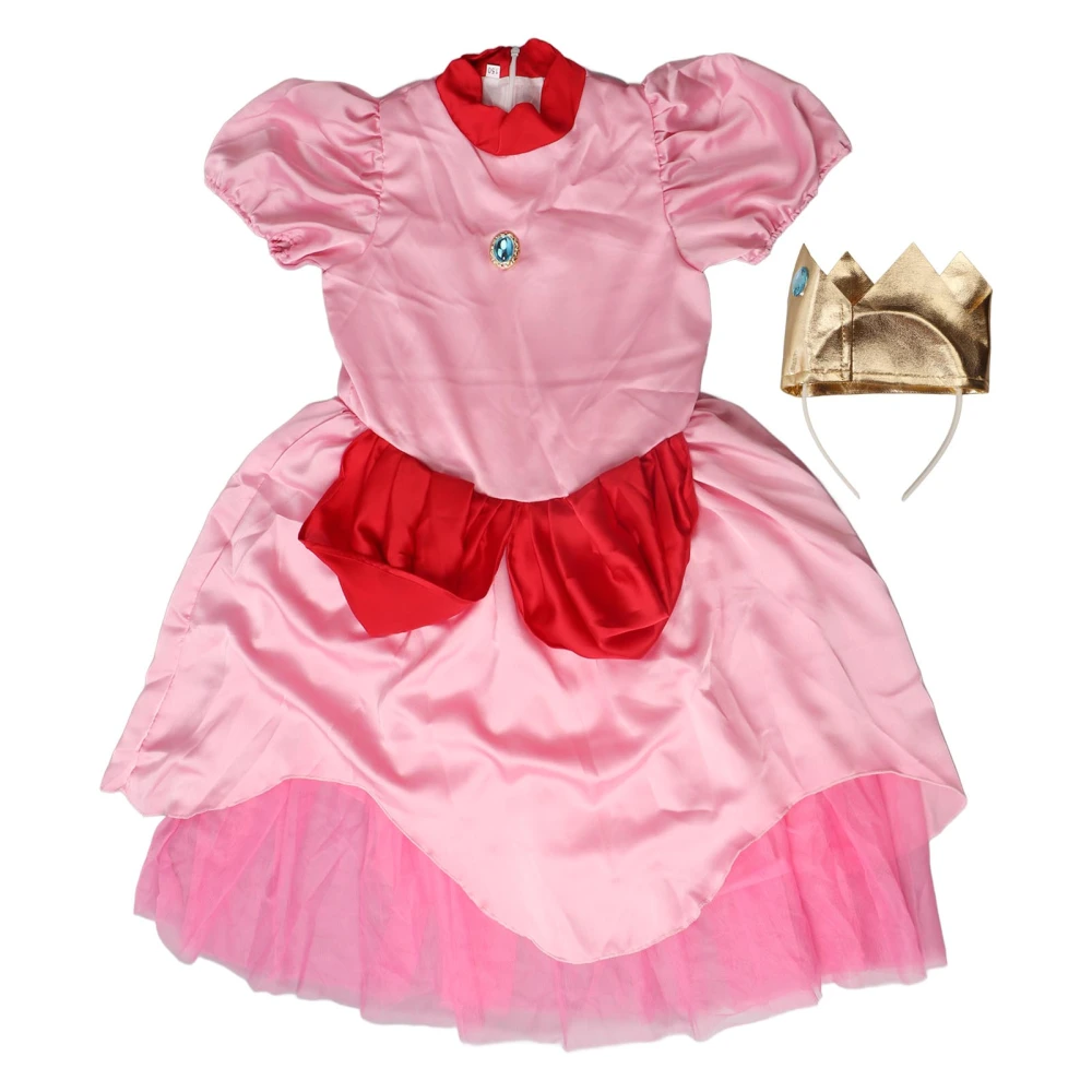 Kids Princess Dress Up Clothes Short Puff Sleeve Elegant Cosplay Party Dress with Crown Pink 150