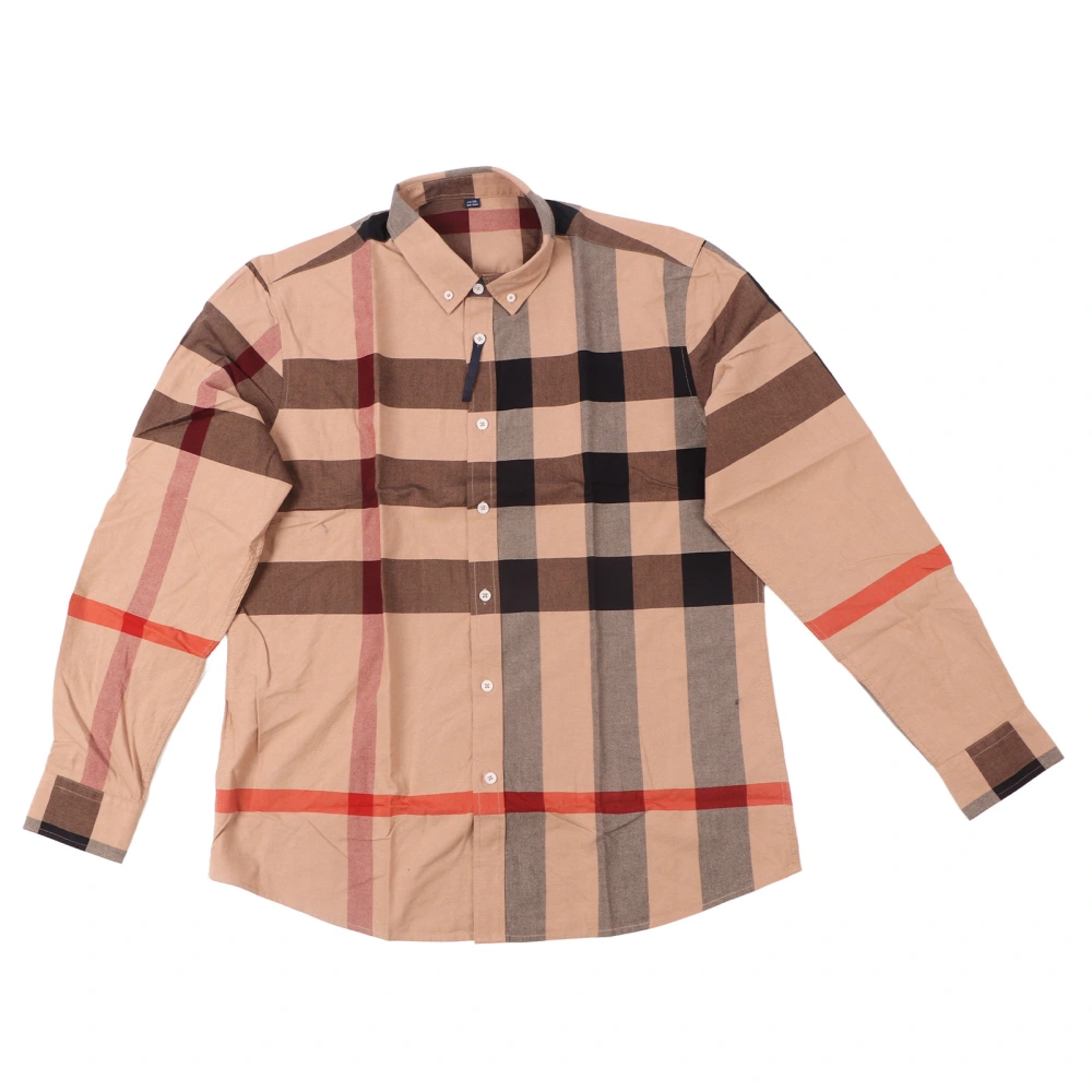 Long Sleeve Plaid Shirt Button Down Breathable Regular Fit Men Front Pocket Shirt for Business Beige Plaid XXXL