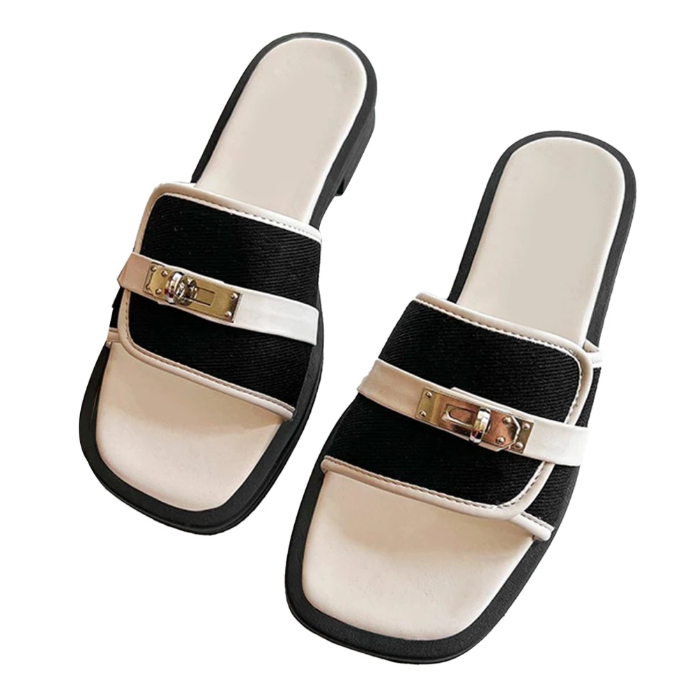 Women Flat Slide Sandals Metal Decoration Open Toe Square Head Stylish Slide Sandals for Summer Black 36