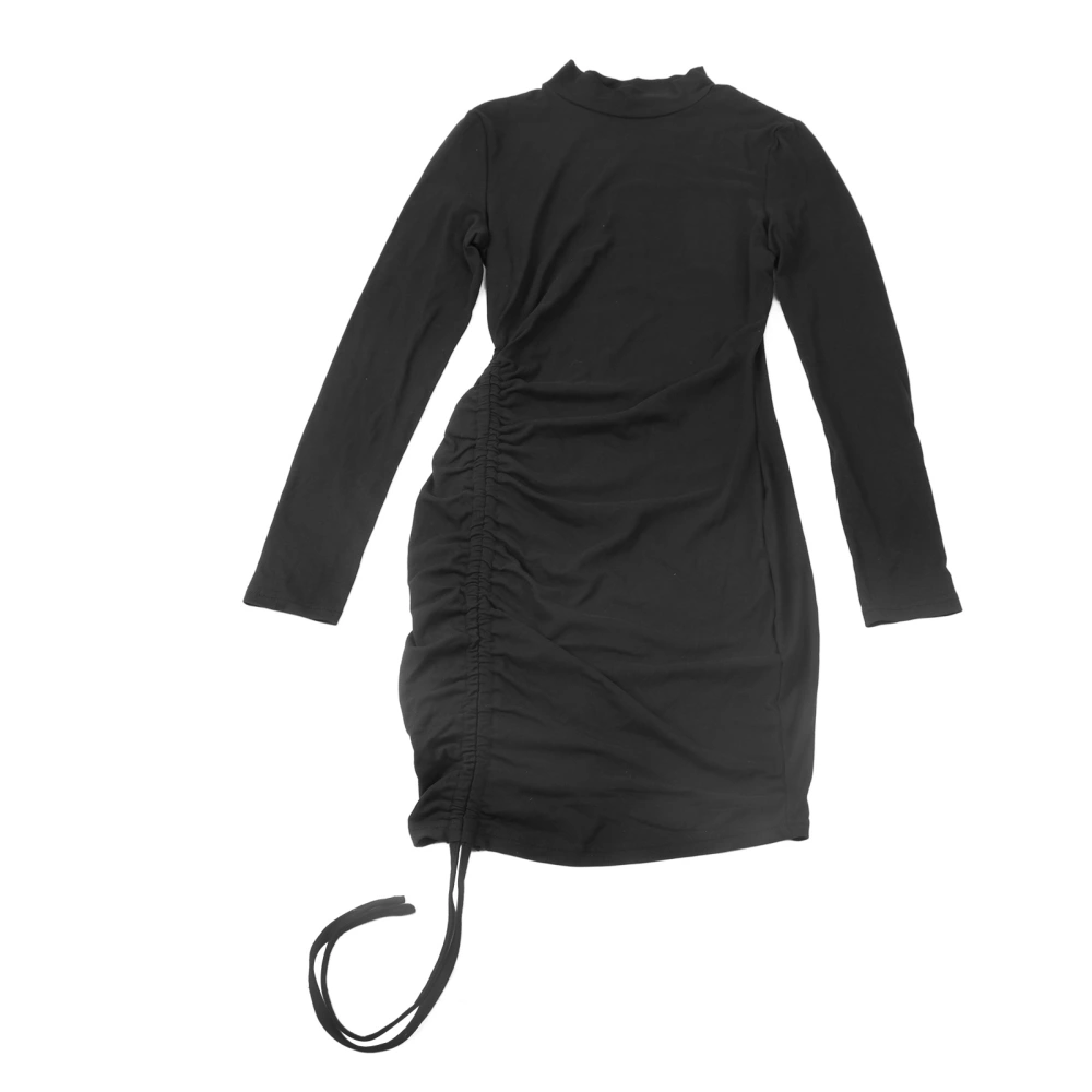 Woman Long Sleeve Mini Dress Drawstring Round Neck Slim Fit Ruched Side Tight Short Dresses Black L