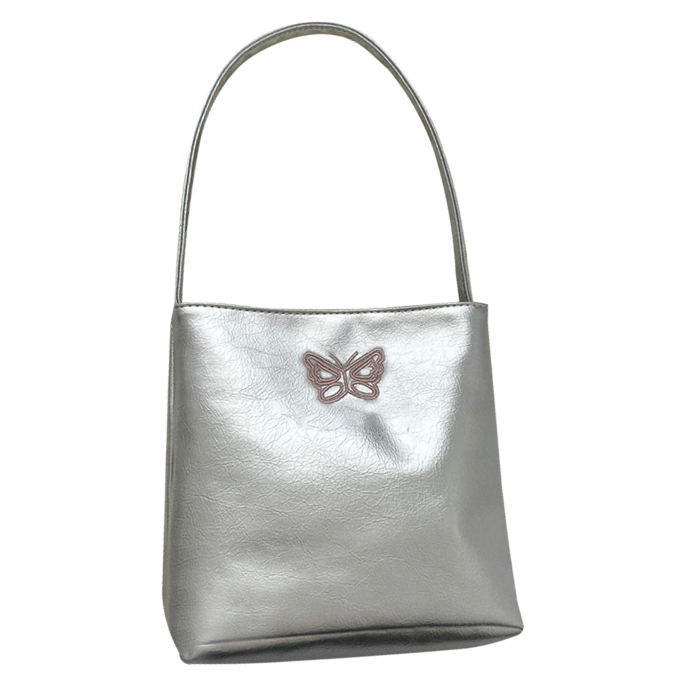 Women Underarm Bag Beautiful Embroidery Large Capacity Button Closure Soft PU Shoulder Bag Butterflies Silver Free Size