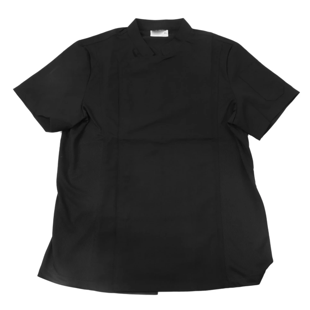 Men Chef Coat Plain Color Button Breathable Short Sleeve Kitchen Chef Uniform for Summer Black XL