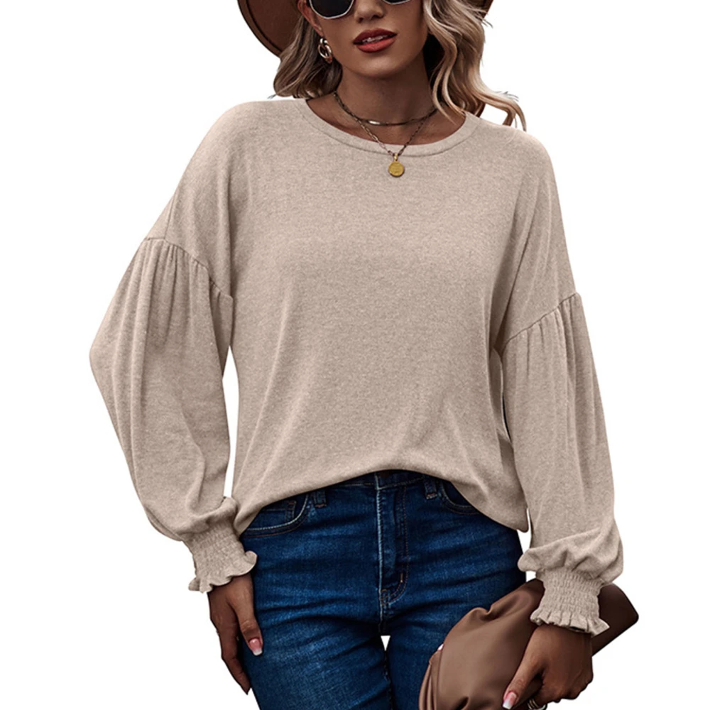 Women Round Neck T Shirt Lantern Long Sleeves Shirred Cuff Loose Fitting Casual Blouses Apricot M