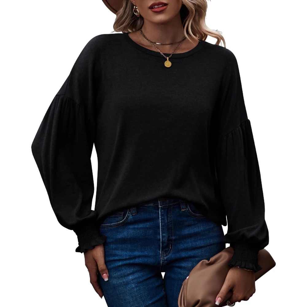 Women Round Neck T Shirt Lantern Long Sleeves Shirred Cuff Loose Fitting Casual Blouses Black M