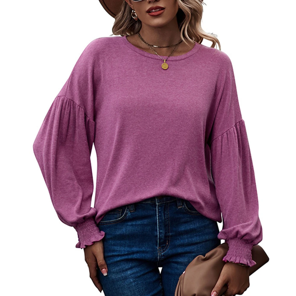 Women Round Neck T Shirt Lantern Long Sleeves Shirred Cuff Loose Fitting Casual Blouses Aubergine XL