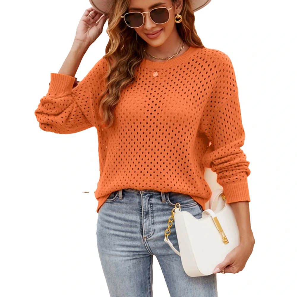 Woman Round Neck Hollow Long Sleeve Sweater Pure Color Knitting Loose Casual Pullover Sweater Orange XL