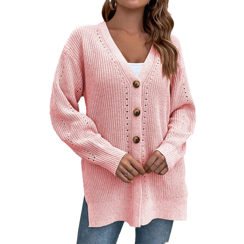 Casual Hollow Sweater Jacket Plain Color Single Breasted V Neckline Side Split Knitted Sweater Coat Pink M