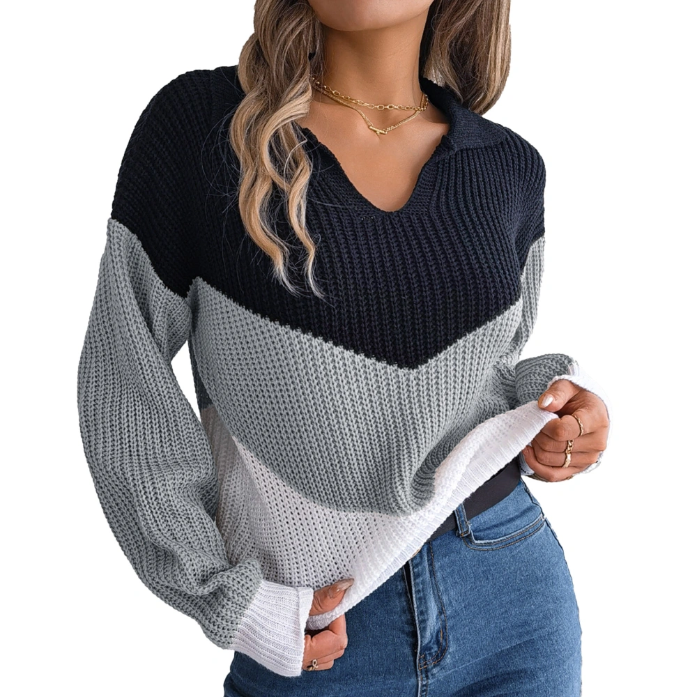 Long Sleeve Sweater Breathable Soft Skin Friendly V Neck Color Block Knit Pullover Sweater Tops for Party Outdoor Gray S