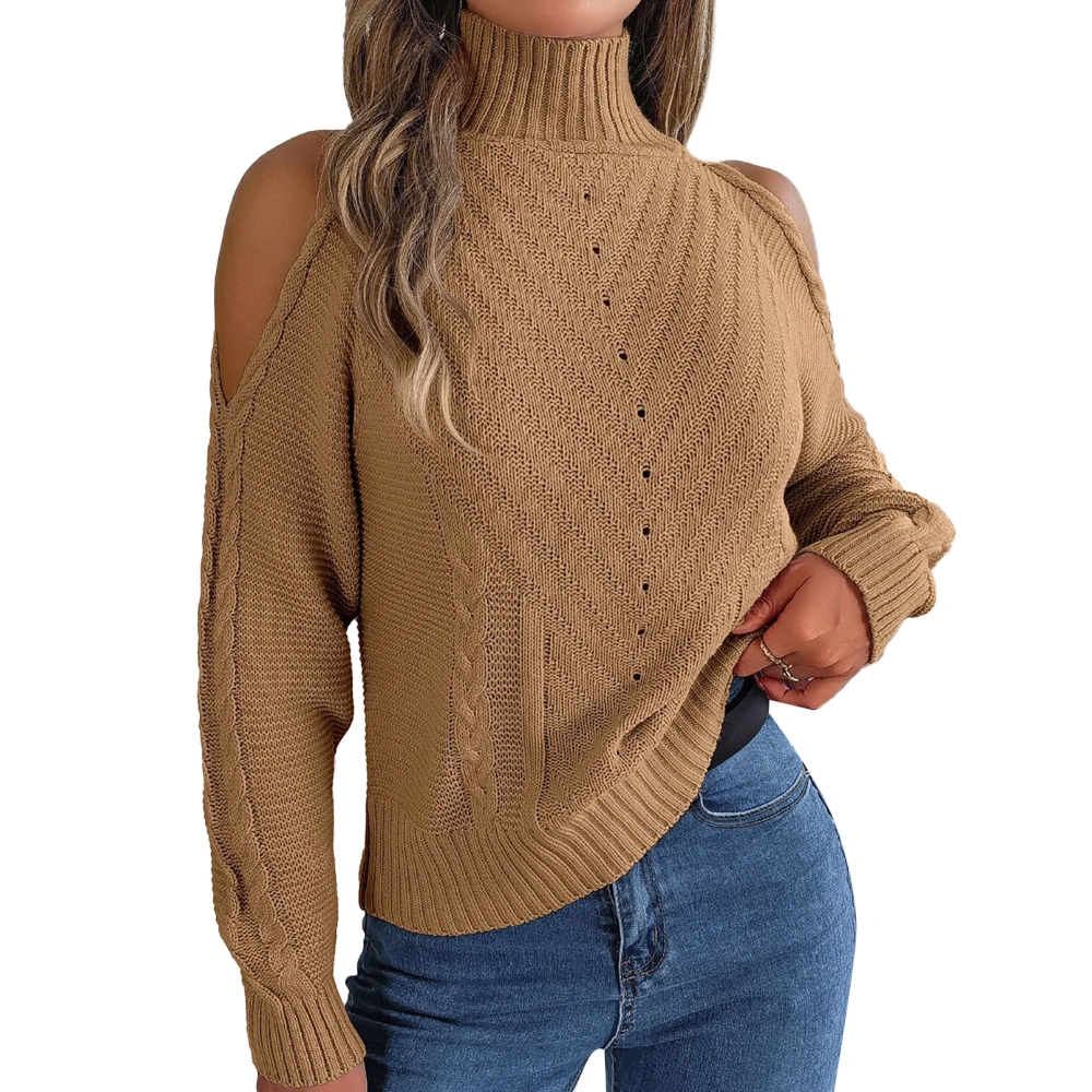 Women High Collar Sweater Cold Shoulder Long Sleeves Pure Color Loose Fitting Casual Knitted Top Khaki L