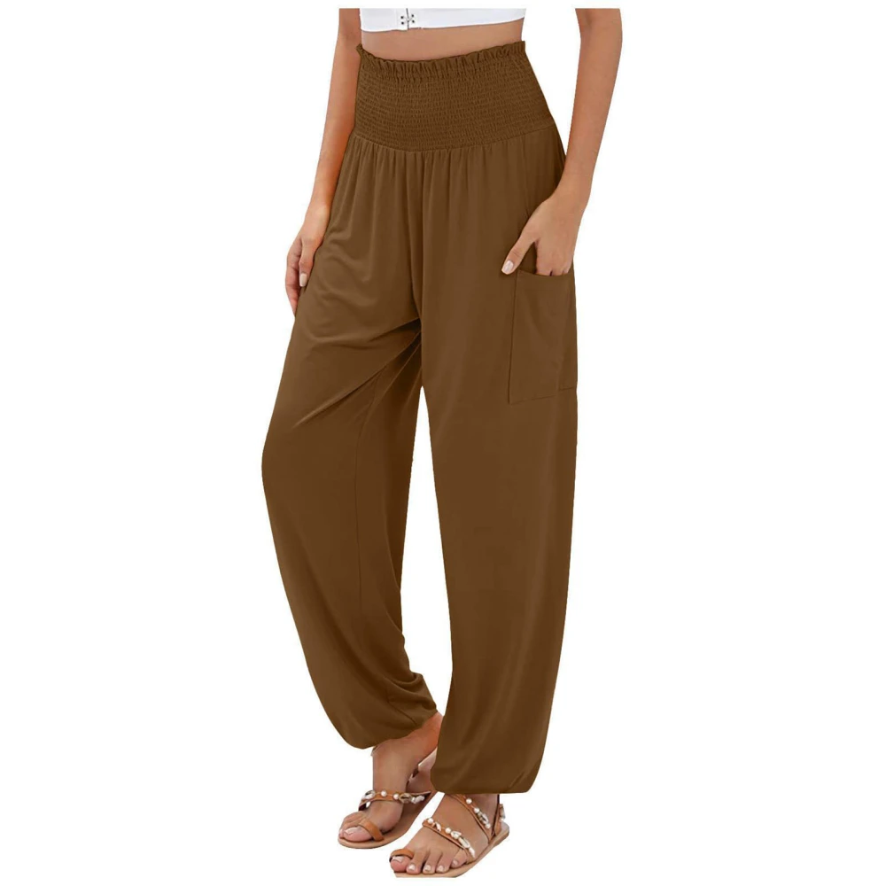 Shirred Long Trousers Fashionable Casual Fitted Soft Plain Color Pocket Pants for Women Dating Brown L