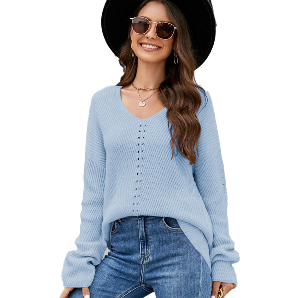 V Neckline Pullover Sweater Drop Shoulder Fashionable Plain Color Casual Sweater Top for Women Blue XXL