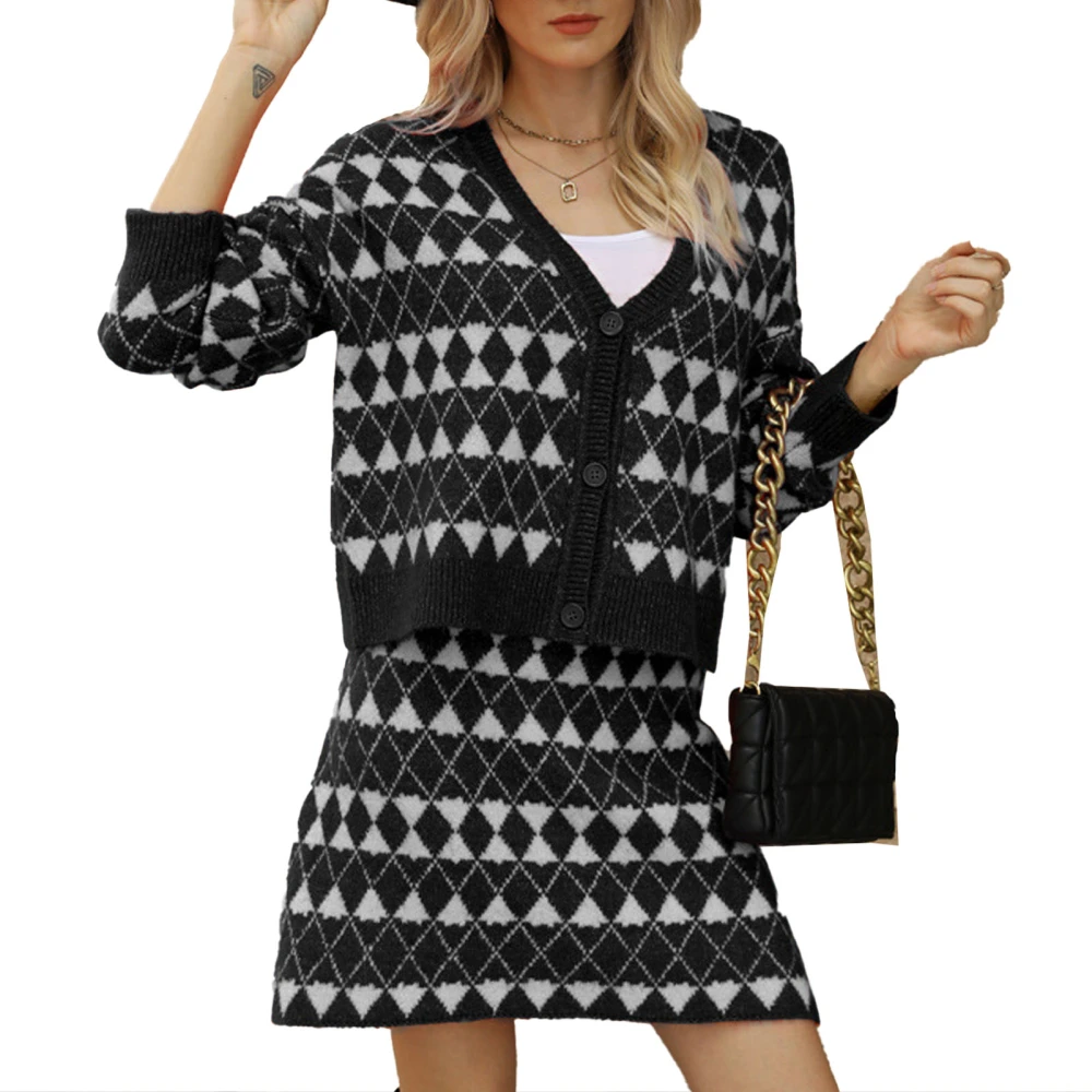 Women Sweater Coat Skirts Set Plaid Print V Neck Button Closure Long Sleeves Elegant Knitted Suit Black S