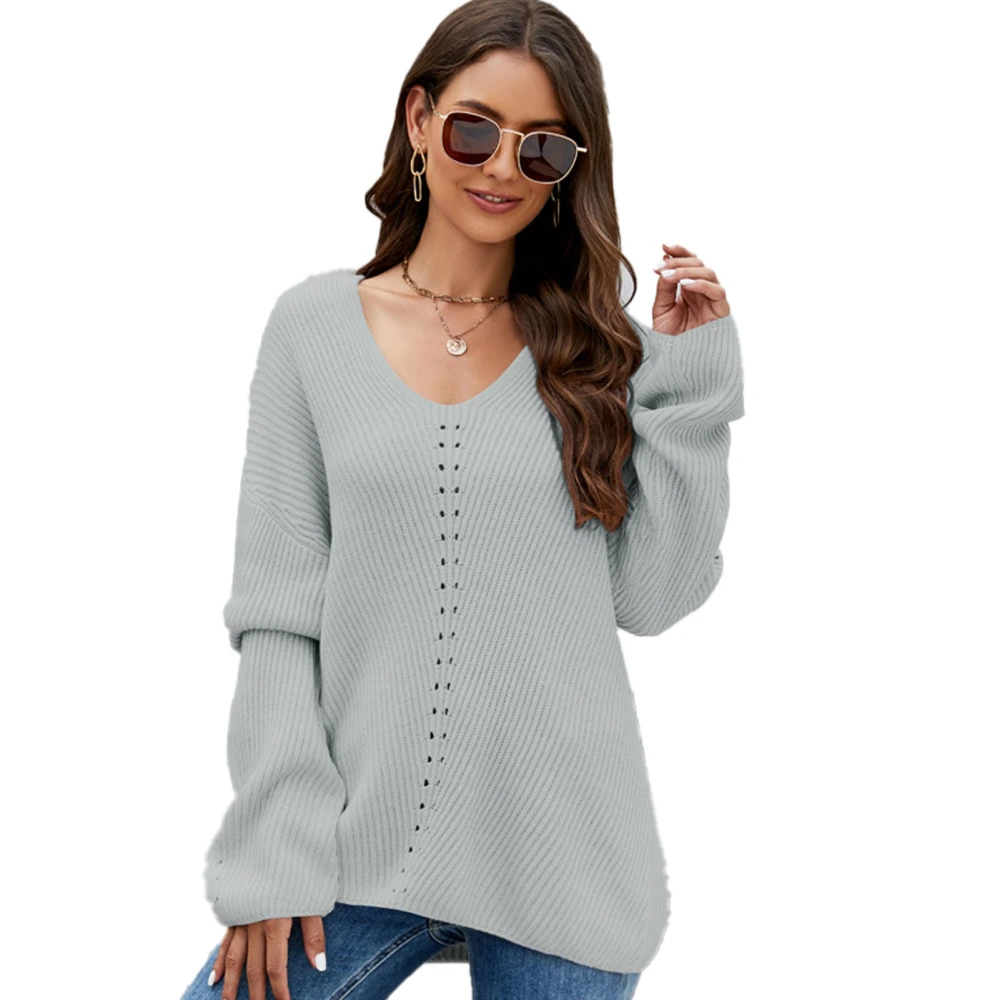 V Neckline Pullover Sweater Drop Shoulder Fashionable Plain Color Casual Sweater Top for Women Grey M