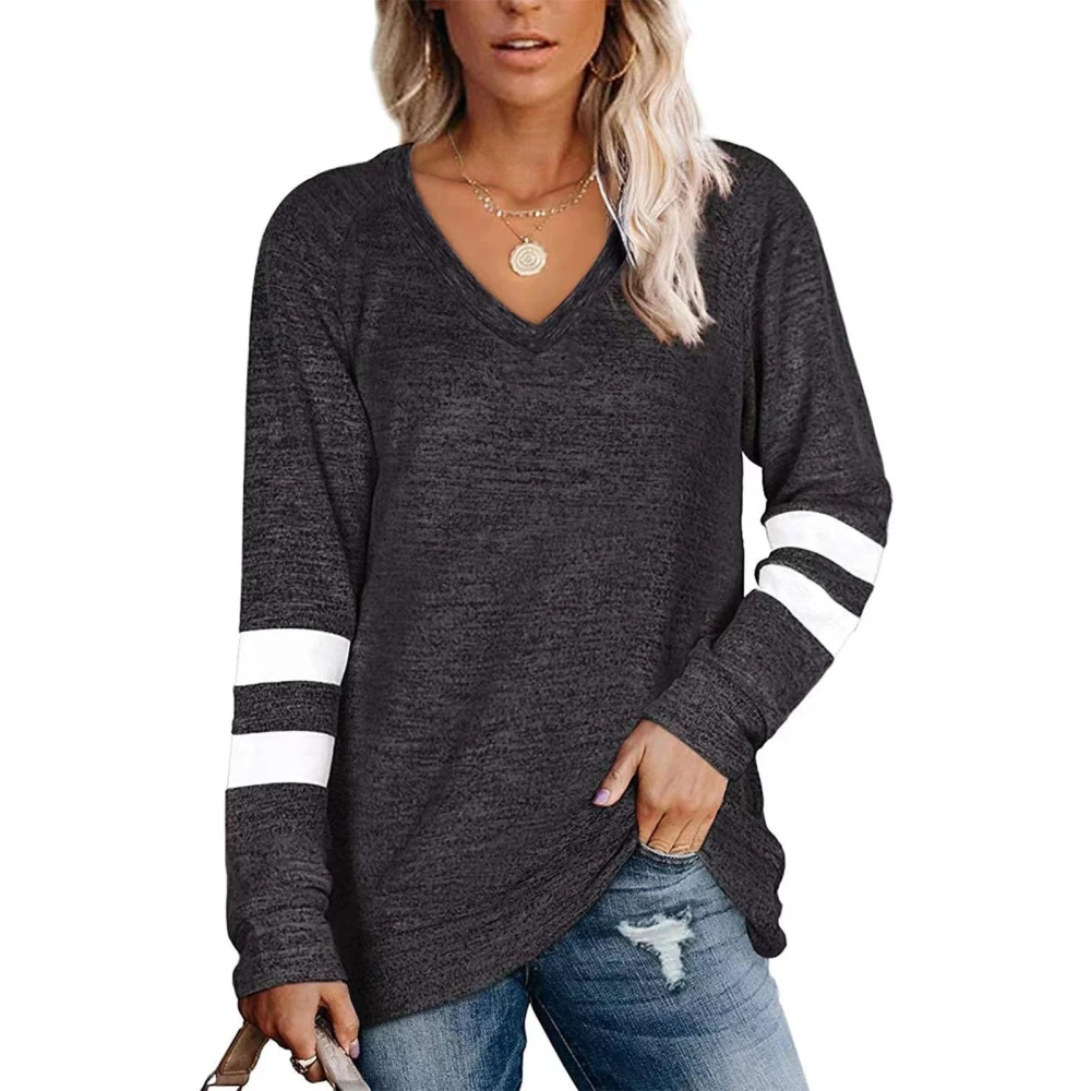 Women V Neck Top Casual Loose Large Size Breathable Leisure Long Sleeve Top for Female Dark Gray XL