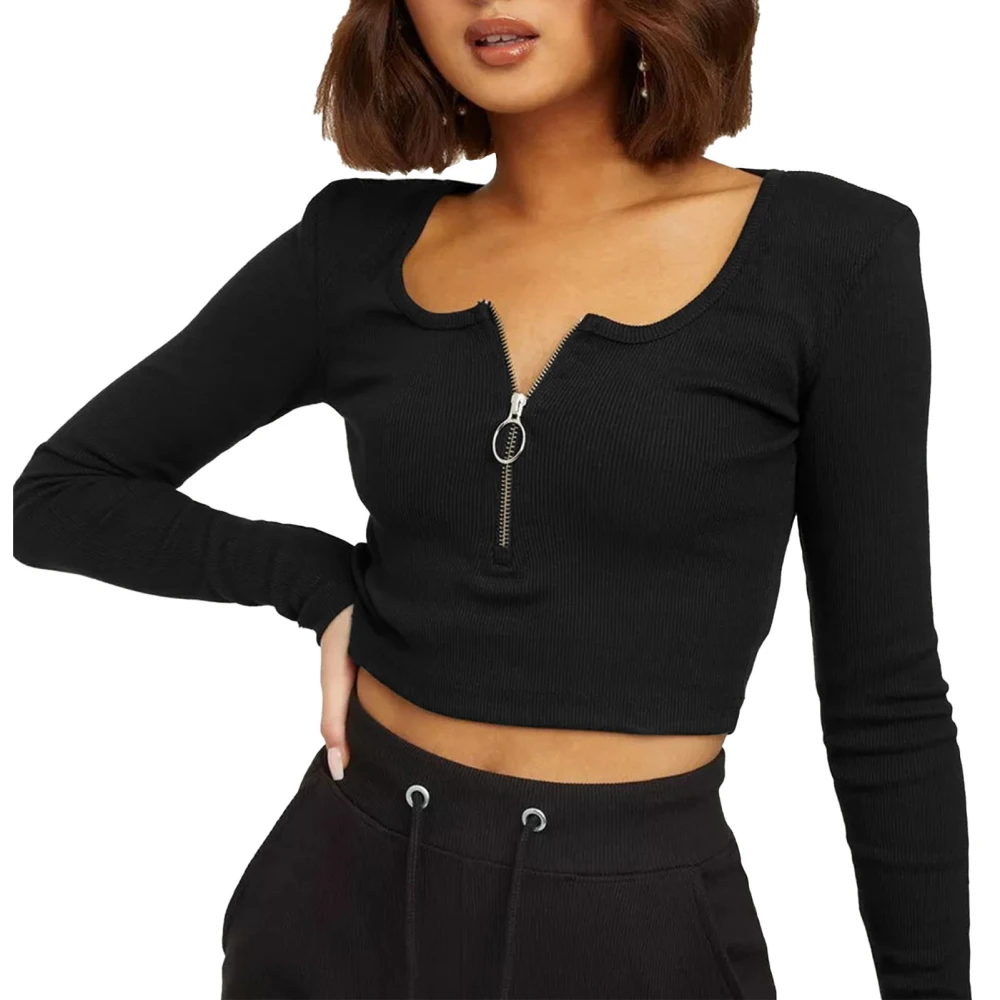 Women Long Sleeve Top High Waist Shirt Zipper Front Top Pure Color Slimming Blouse Black XS