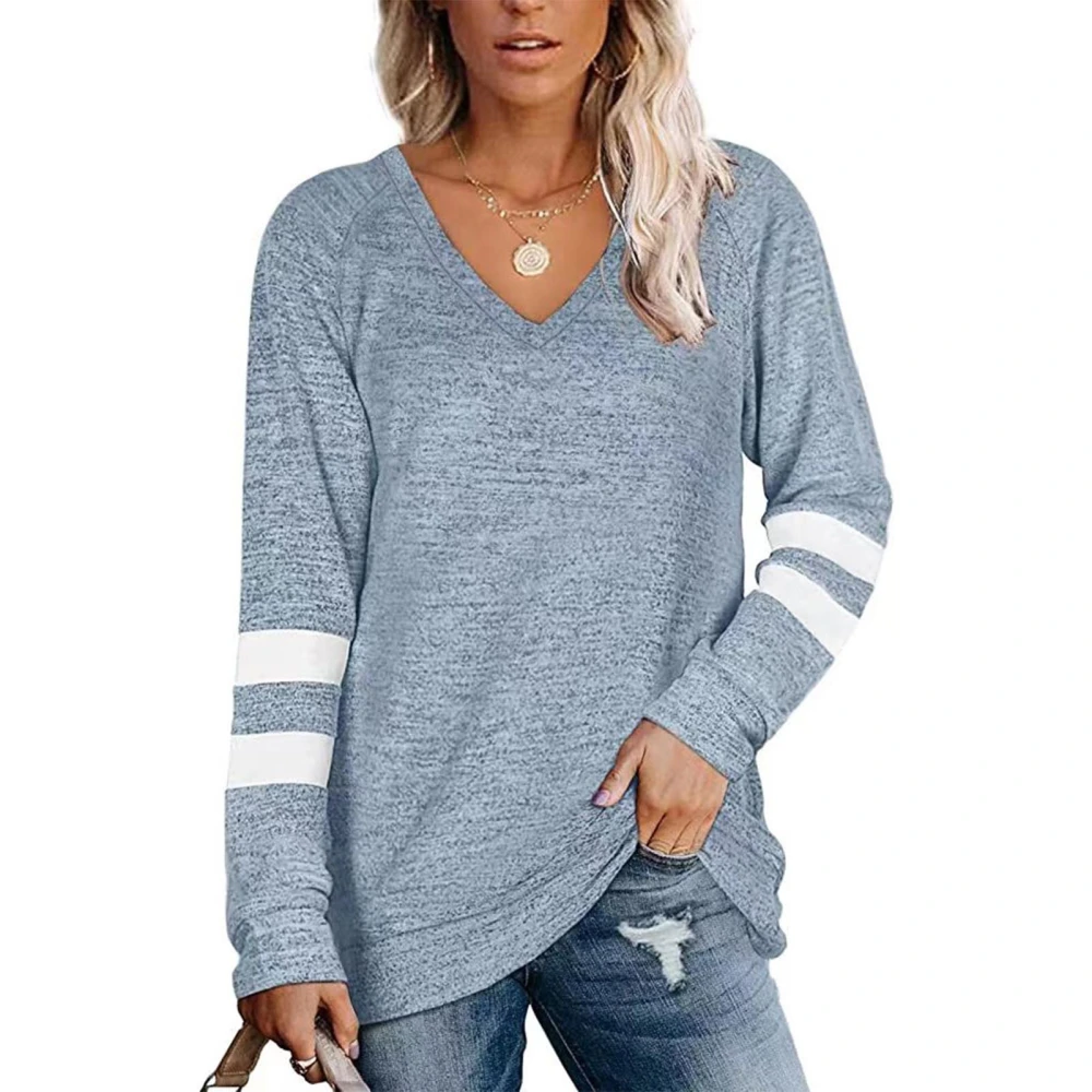 Women V Neck Top Casual Loose Large Size Breathable Leisure Long Sleeve Top for Female Light Blue S