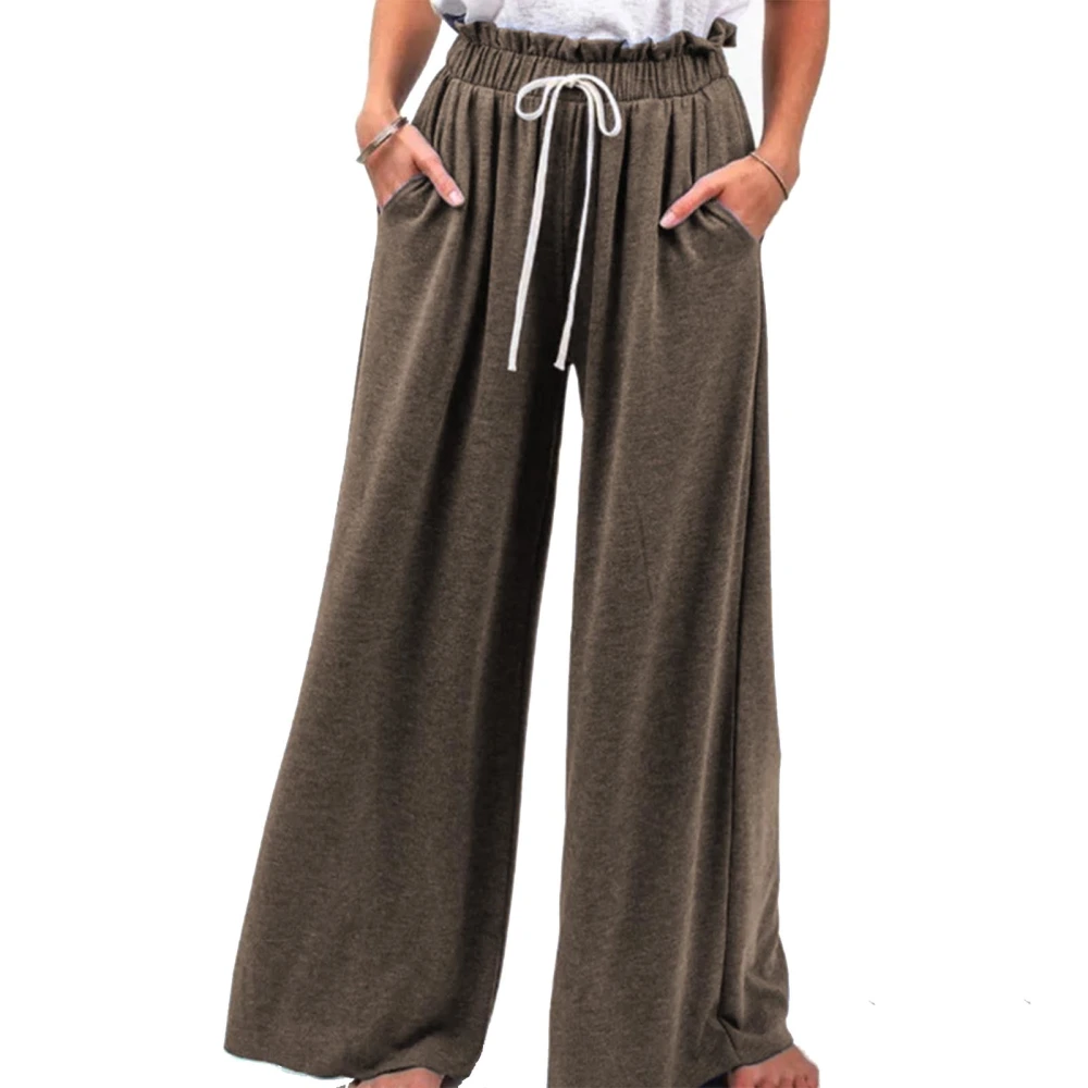 Women Drawstring Pants with Pockets Elastic Waist Wide Leg Stylish Casual Loose Pants Brown XXL