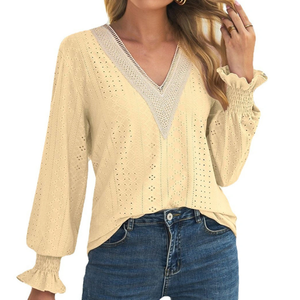 Shirred Ruffle Long Sleeve Top Women Casual Elegant Loose Hollow Lace Crochet V Neck Shirt Blouse Yellow XXL