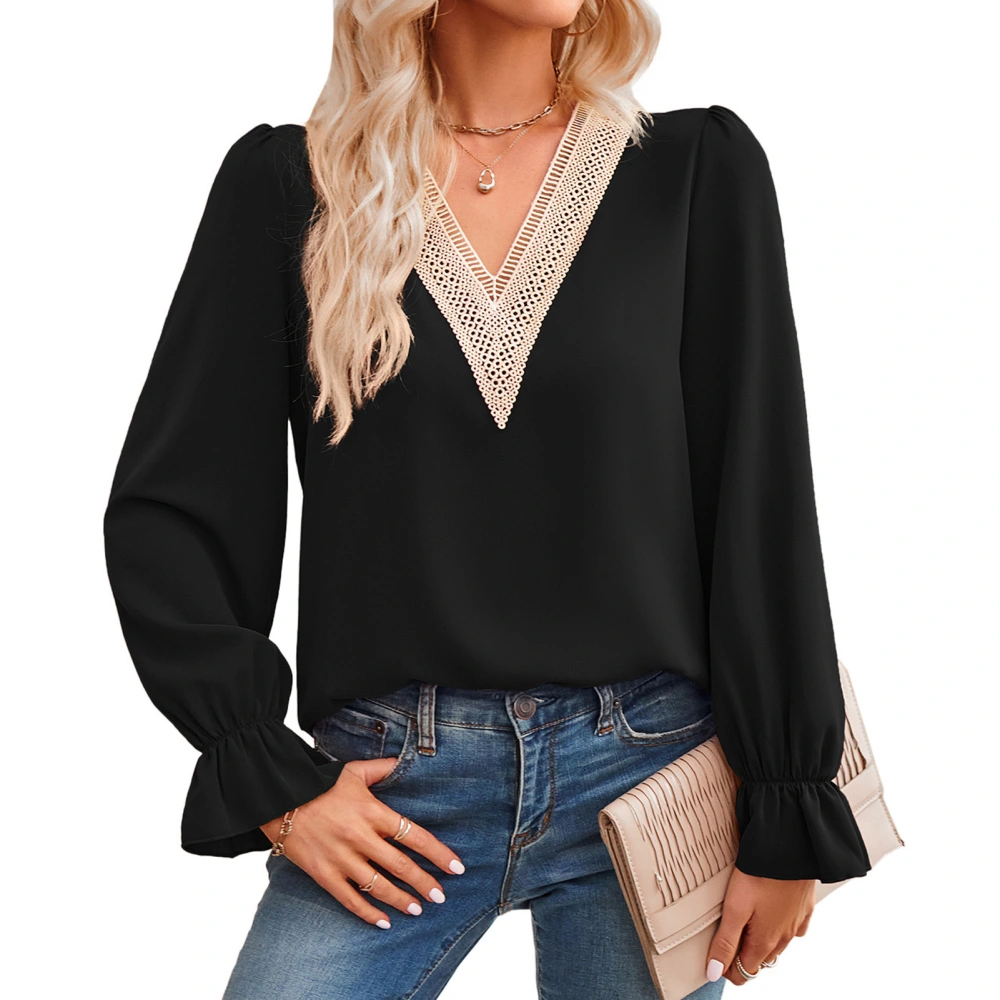 Women V Neck Top Long Sleeve Lace Splicing Shirt Ruffle Sleeve Shirt Loose Casual Blouse Black M