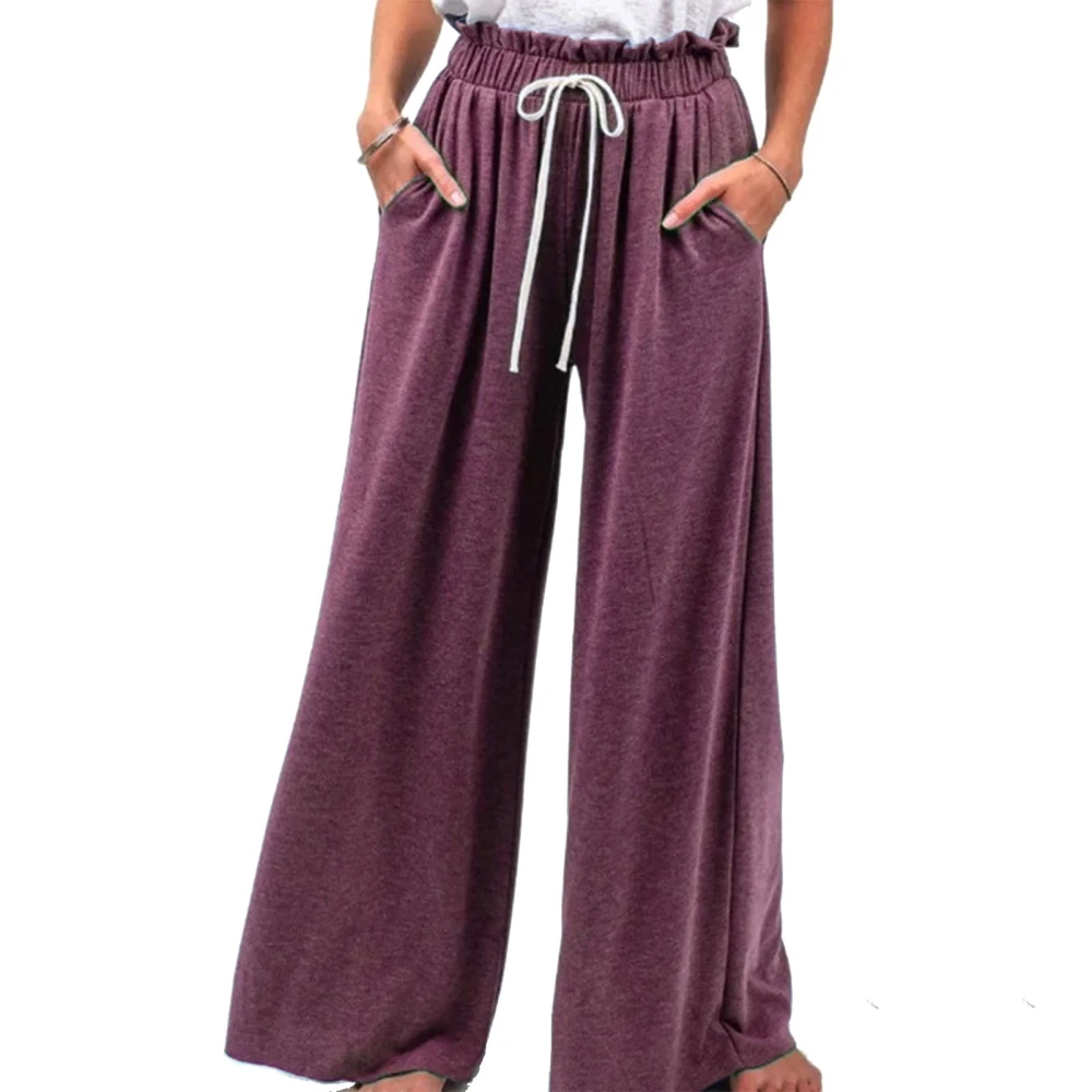 Women Drawstring Pants with Pockets Elastic Waist Wide Leg Stylish Casual Loose Pants Wine Red M