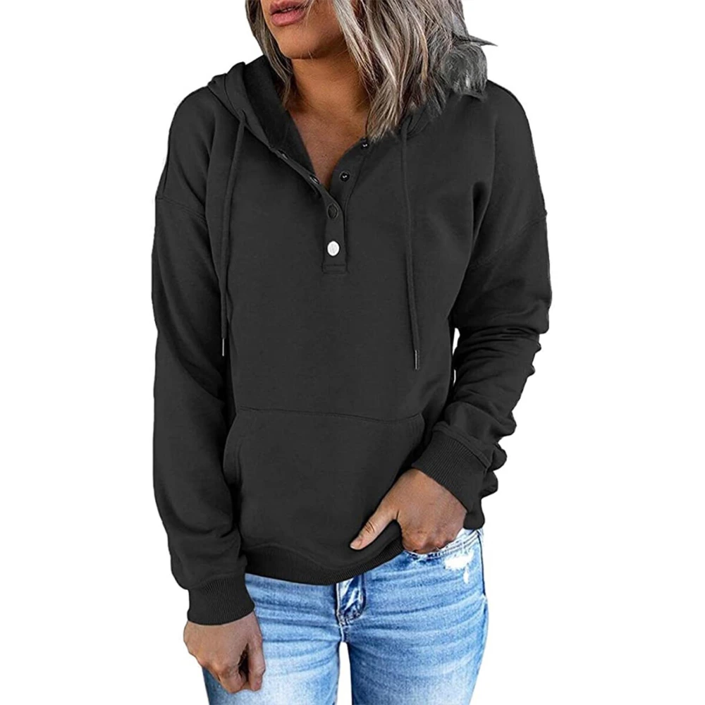 Women Drawstring Hooded Sweatshirt Button Front Long Sleeve Pure Color Loose Top With Pocket Black L