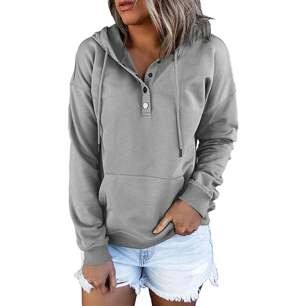 Women Drawstring Hooded Sweatshirt Button Front Long Sleeve Pure Color Loose Top With Pocket Grey M