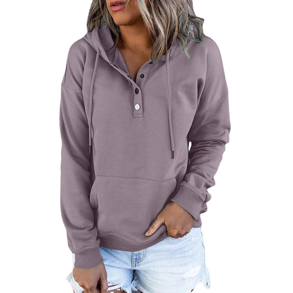 Women Drawstring Hooded Sweatshirt Button Front Long Sleeve Pure Color Loose Top With Pocket Purple L