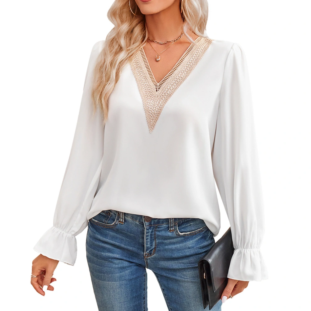 Women V Neck Top Long Sleeve Lace Splicing Shirt Ruffle Sleeve Shirt Loose Casual Blouse White S