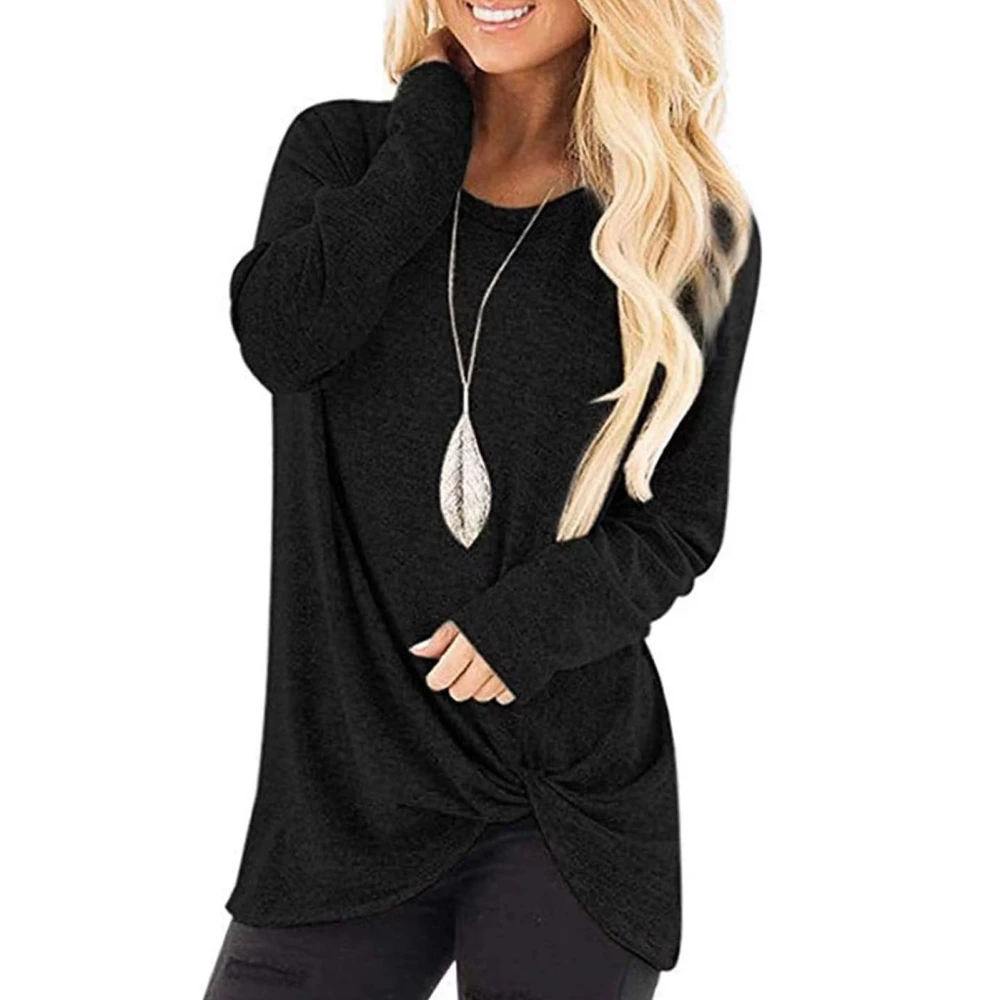 Women Long Sleeve Blouse Pure Color Round Neck Twisted Knot Hem Casual Loose Top for Shopping Office Home Black L