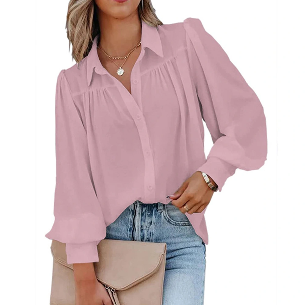 Women Turn Down Collar Long Lantern Sleeve Shirt Pure Color Casual Single Breasted Shirt Top Pink L