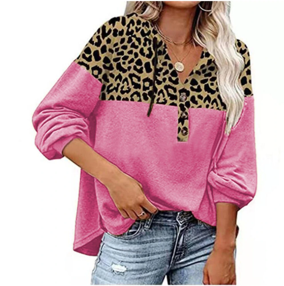 Women Hooded Top Loose Long Sleeve V Neck Button Leopard Print Hooded Blouse for Female Pink S