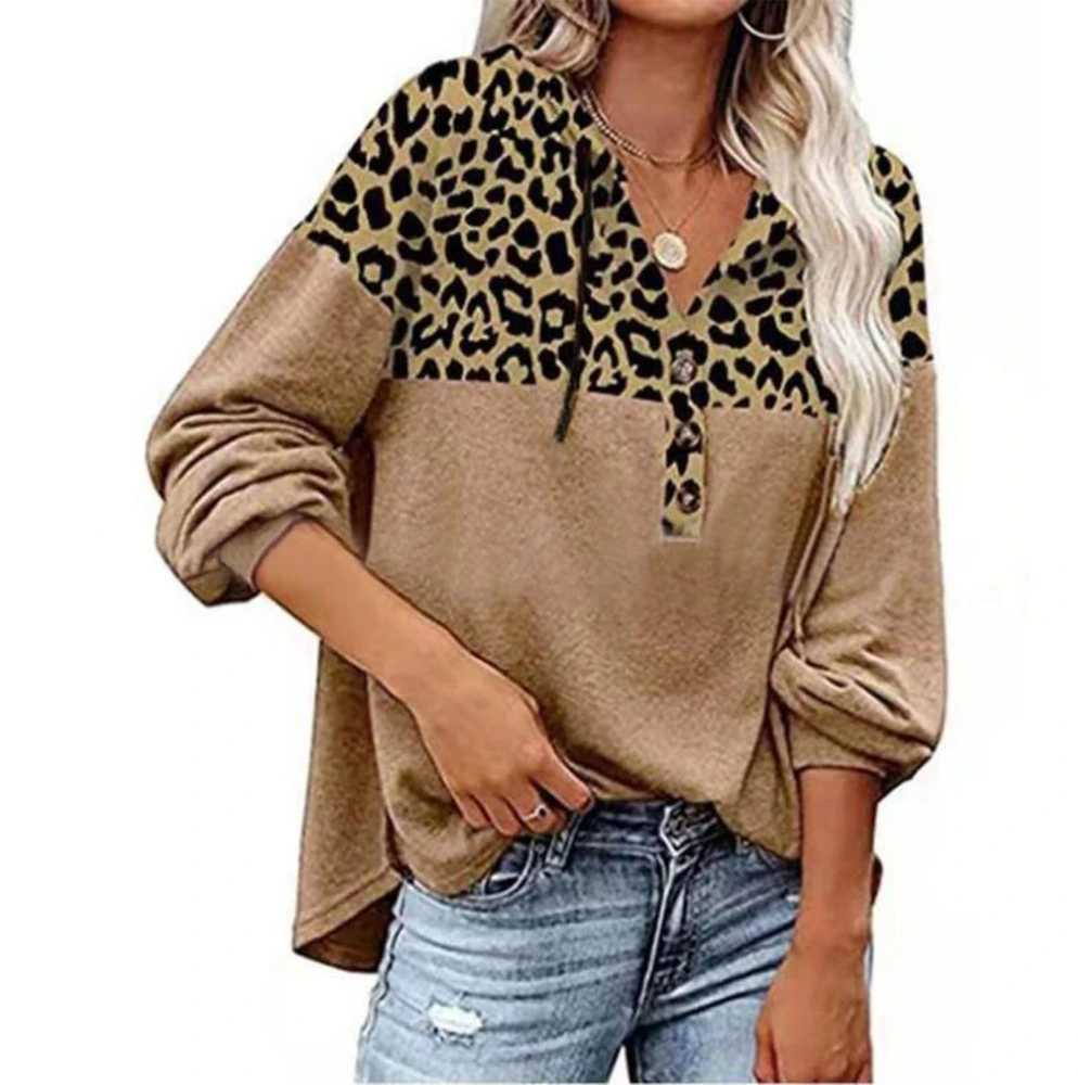 Women Hooded Top Loose Long Sleeve V Neck Button Leopard Print Hooded Blouse for Female Khaki XL