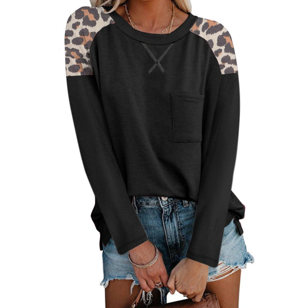 Women Long Sleeve Top Leopard Spliced Color Block Shirt Round Neck Front Pocket Blouse Black S