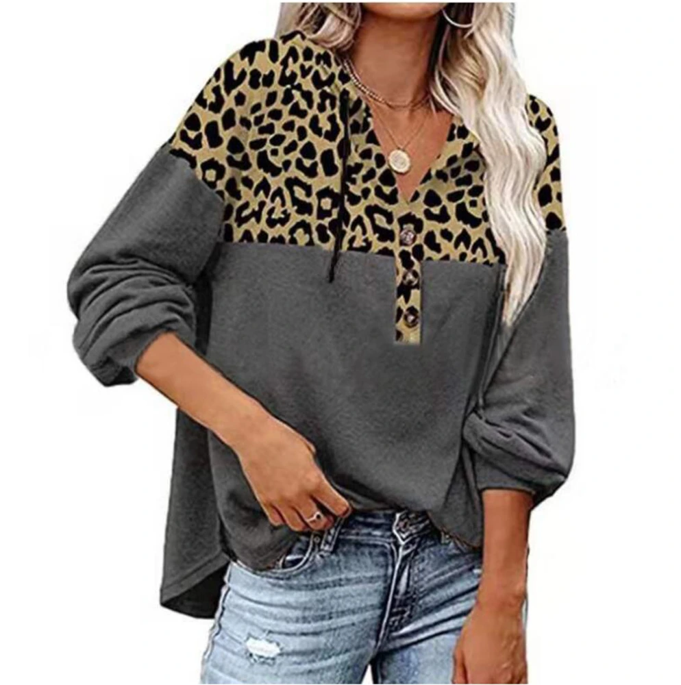 Women Hooded Top Loose Long Sleeve V Neck Button Leopard Print Hooded Blouse for Female Grey L