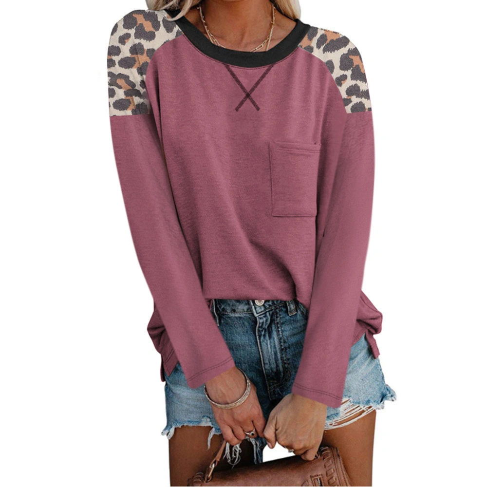 Women Long Sleeve Top Leopard Spliced Color Block Shirt Round Neck Front Pocket Blouse Pink S