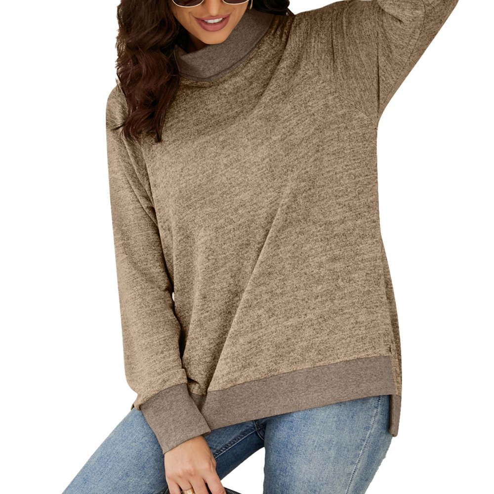 Women Long Sleeve Top High Neck Split Hem Shirt Loose Casual Base Long Sleeve Blouse Khaki S