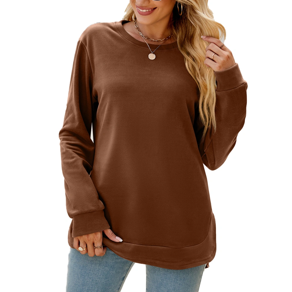 Women Long Sleeve Shirt Round Neck Irregular Hem Top Pure Color Loose Casual Base Shirt Caramel Colour XXL