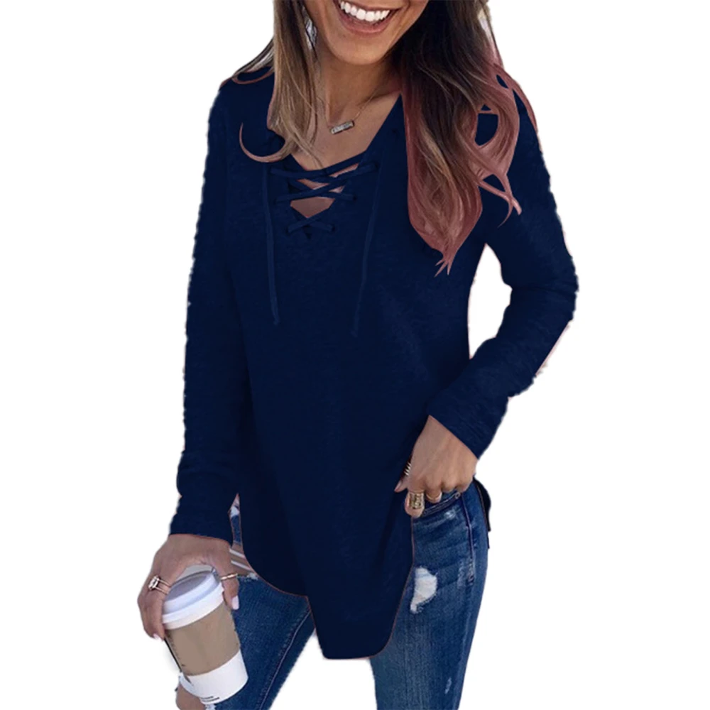 Women Long Sleeve Top Lace Up V Neck Irregular Hem Shirt Pure Color Loose Blouse Dark Blue XL