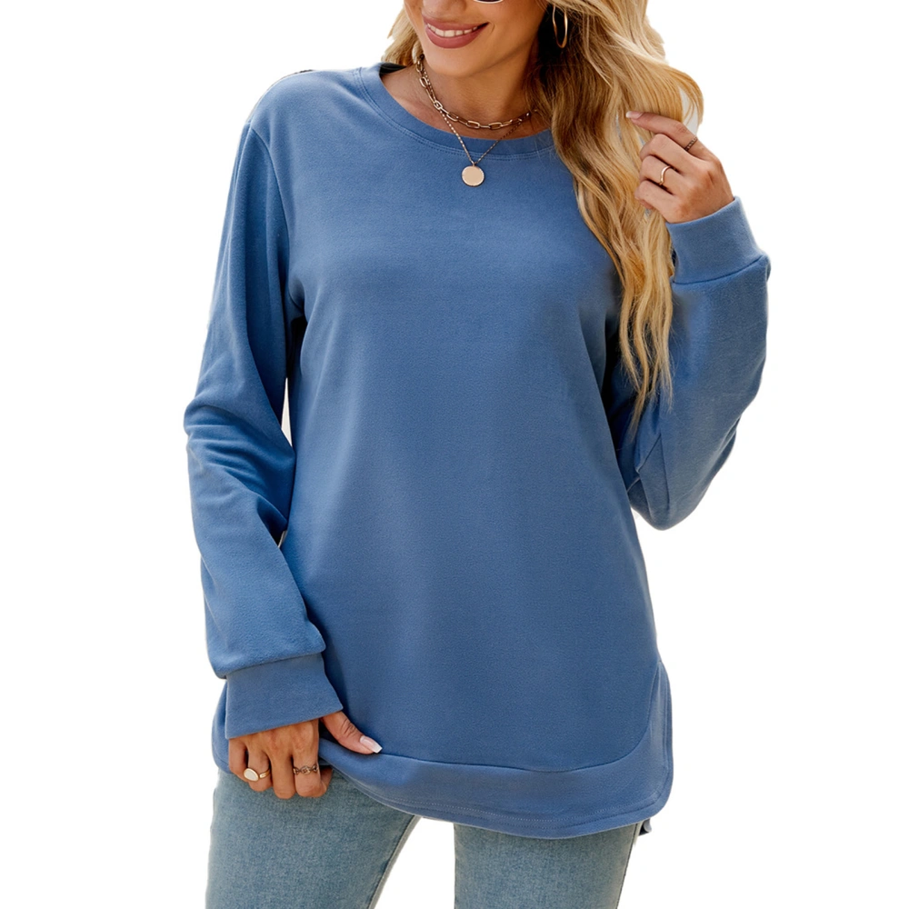 Women Long Sleeve Shirt Round Neck Irregular Hem Top Pure Color Loose Casual Base Shirt Sky Blue XXL